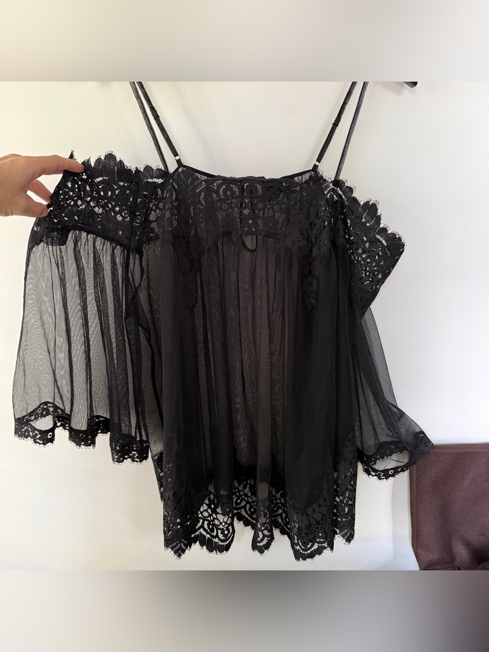 Victoria’s Secret Black Sheer Mesh Lace Babydoll Top M Bell Sleeve Victorian